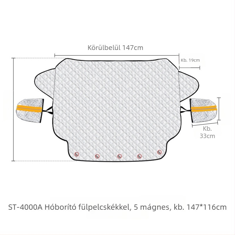 Autóüveg előtti hóvédő takaró tömött béléssel, anyag: alumínium fólia + PP gyapot + nem szövött textil; szerelés: kártya-beillesztéses típus; alkalmazható rész: első szélvédő; súly: 494 g