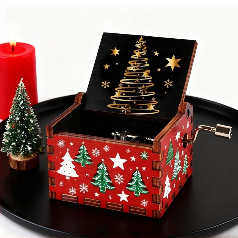 Kézzel hajtható, fa zenei doboz-ornament karácsonyi díszítéshez – otthoni dekoráció, ajándék barátnak, gyereknek vagy osztálytársnak, Heding Márka