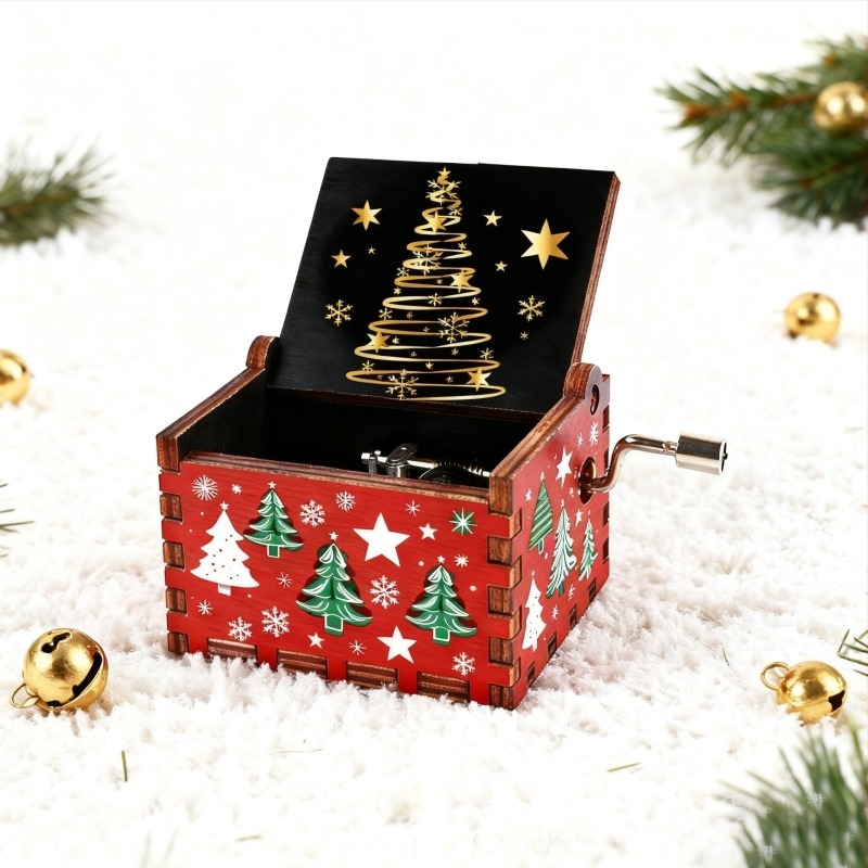 Kézzel hajtható, fa zenei doboz-ornament karácsonyi díszítéshez – otthoni dekoráció, ajándék barátnak, gyereknek vagy osztálytársnak, Heding Márka