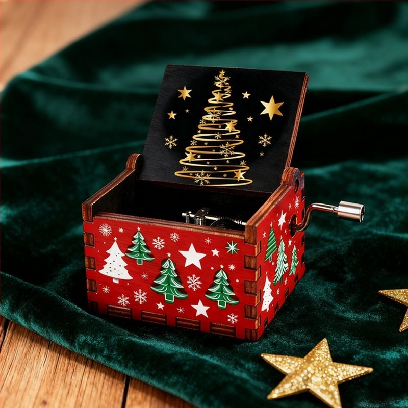 Kézzel hajtható, fa zenei doboz-ornament karácsonyi díszítéshez – otthoni dekoráció, ajándék barátnak, gyereknek vagy osztálytársnak, Heding Márka