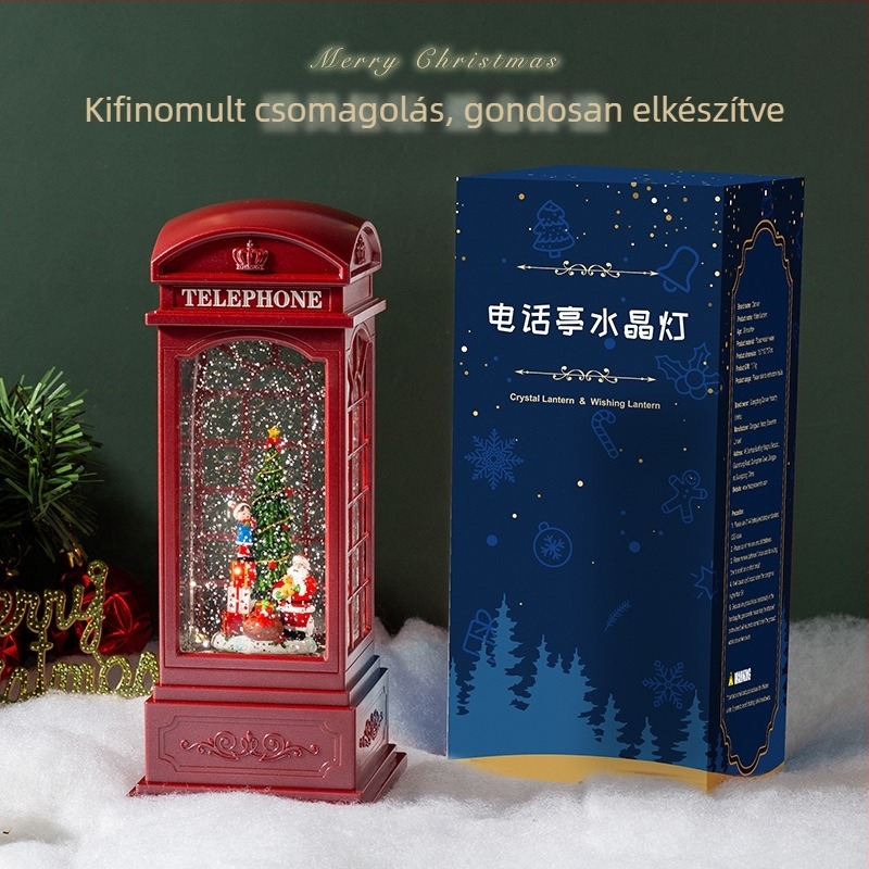 Mikulás témájú zenélő doboz Kristálygömbbel, automatikus hóesés, karácsonyi lámpás, gyanta