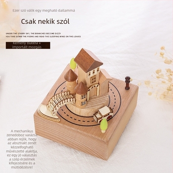 Fából készült zenemű doboz karussell — Castle in the Sky téma, testreszabható logó, fényes felület, félig manuális/félig mechanikus mozgás