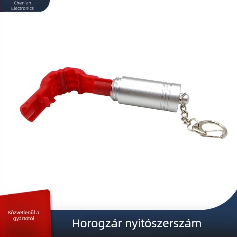 Kampózár kioldó készülék, kis piros zár, kinyitó a hipermarket polcaihoz való kampózár, lopás elleni zár címkével, Stoplock