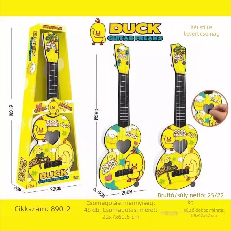 Kacsaféjű ukulele gyerekeknek — játszható játék, műanyagból, dobozos csomagolásban, 4–6 éves korosztály számára