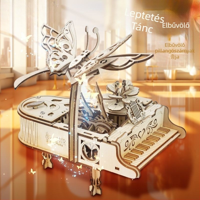Fa pianózenei doboz pillangó-tánc ritmussal, neoklasszikus stílusú összeállítható puzzle modell