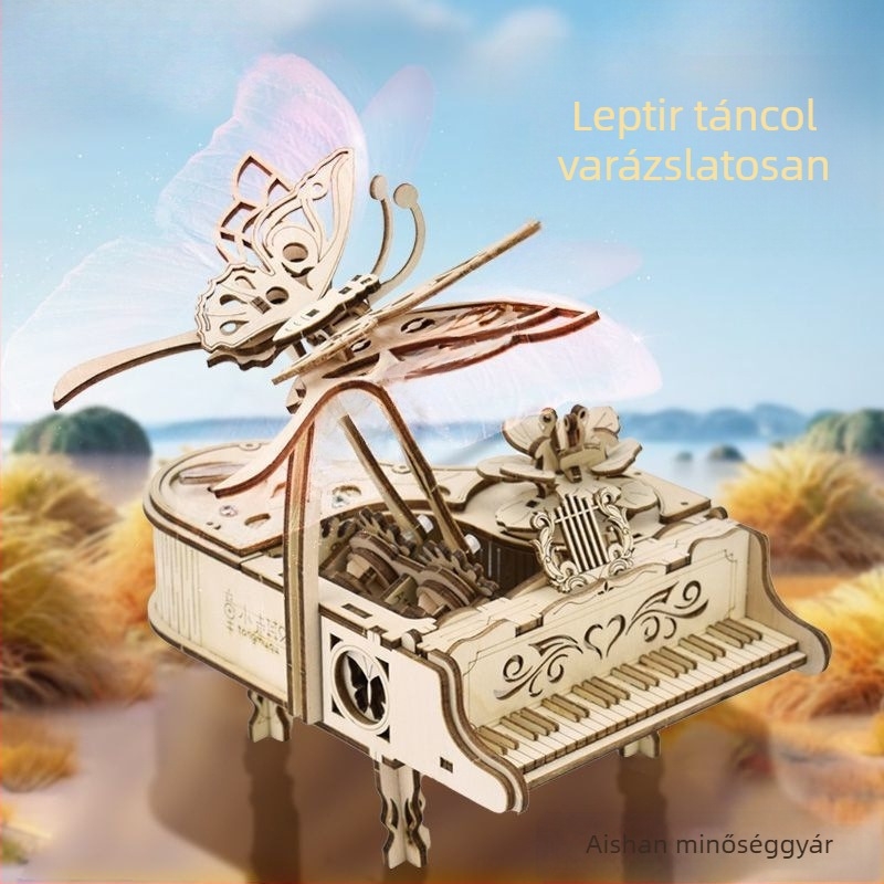 Fa pianózenei doboz pillangó-tánc ritmussal, neoklasszikus stílusú összeállítható puzzle modell