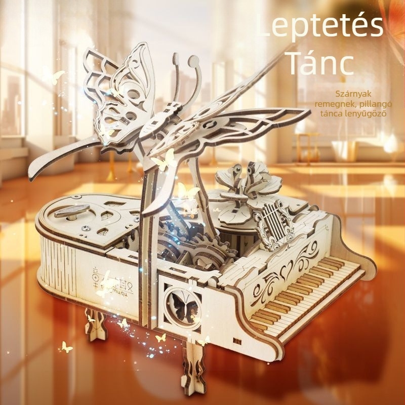 Fa pianózenei doboz pillangó-tánc ritmussal, neoklasszikus stílusú összeállítható puzzle modell