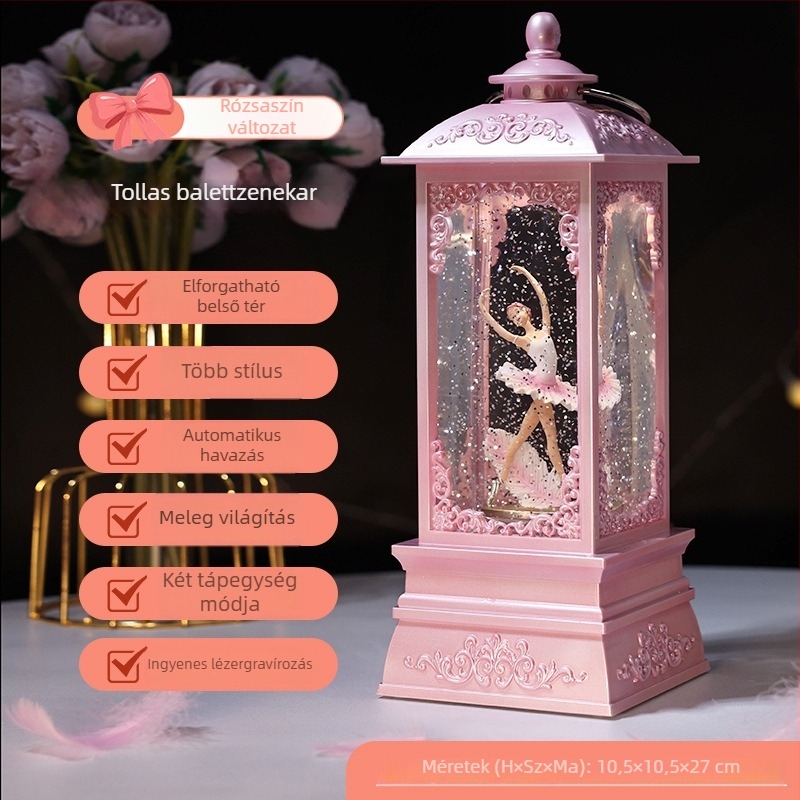 Forgó éjszakai fény hópelyhes gömbbel és zenei dobozzal – kristály nyolc hangnemű doboz, gyanta, európai–amerikai stílus, modell 741034300126