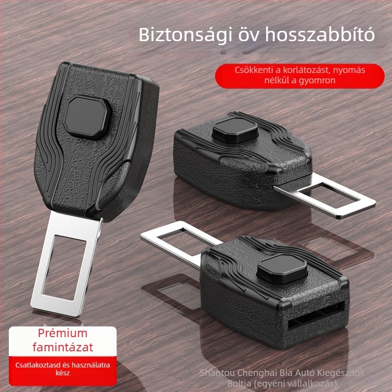 Autó belső biztonsági öv beillesztés fa textúrájú ABS+cinkötvözetből, testreszabható logó, plug‑and‑play telepítés