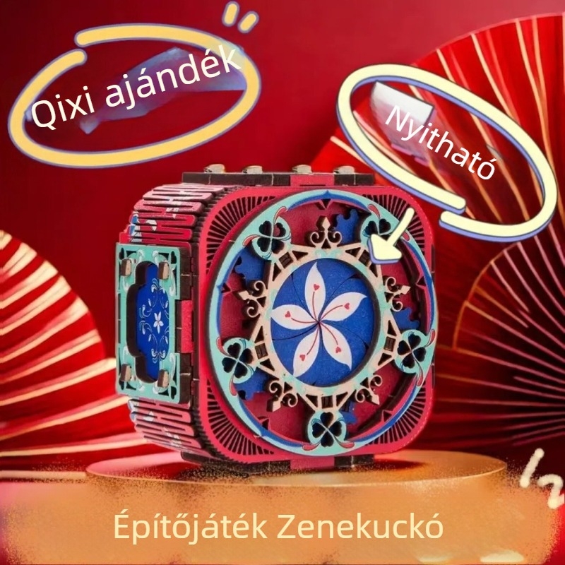 Kézzel hajtott, fa zenemű doboz négylevelű lóhere puzzle, 3D mechanikus tervezés, modern minimalista stílus