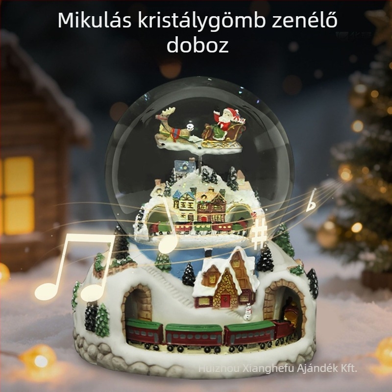 Karácsonyi zenélő doboz kristály gömbbel – gyanta, Dream Crystal House, ajándék, modern egyszerű stílus, színes dobozos csomagolás