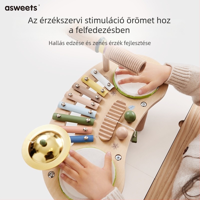 Fából készült, hordozható zenei játék – pianó és dobok gyermekeknek 4–6 éveseknek, márka Asweets/Aisheng, zenei nevelés, interaktív játék