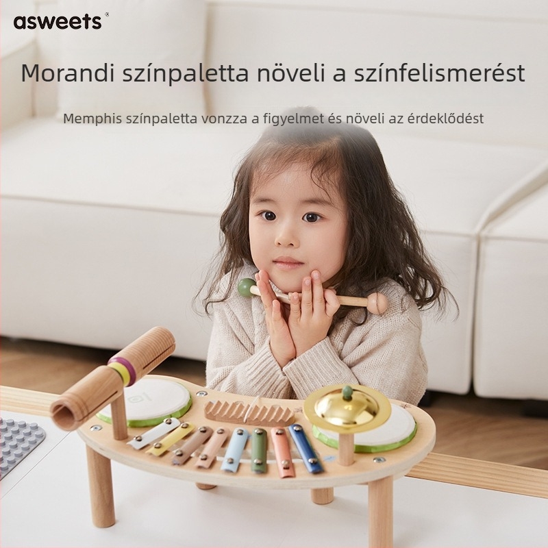 Fából készült, hordozható zenei játék – pianó és dobok gyermekeknek 4–6 éveseknek, márka Asweets/Aisheng, zenei nevelés, interaktív játék
