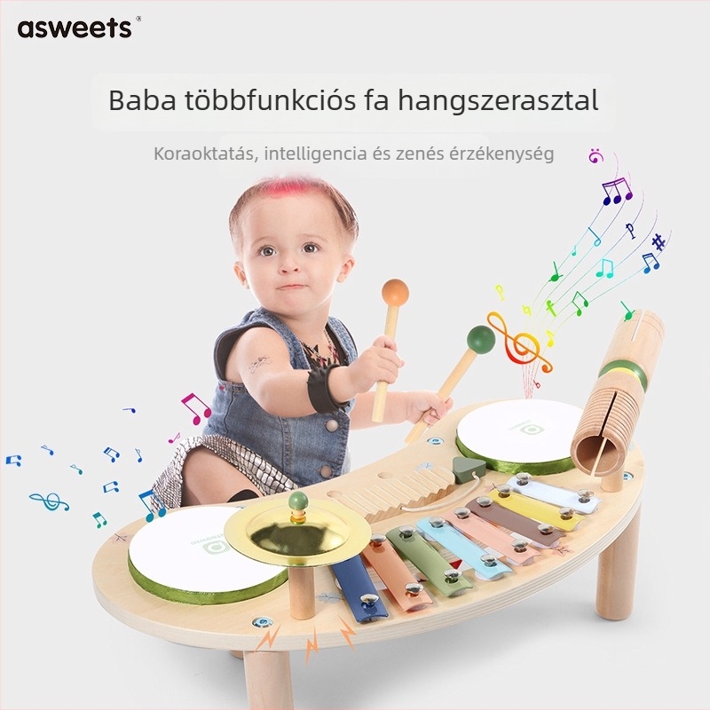 Fából készült, hordozható zenei játék – pianó és dobok gyermekeknek 4–6 éveseknek, márka Asweets/Aisheng, zenei nevelés, interaktív játék
