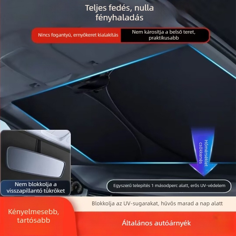 Autó első szélvédő árnyékoló | alumíniumfólia | kártya alapú telepítés | általános illeszkedés | logónyomtatás elérhető