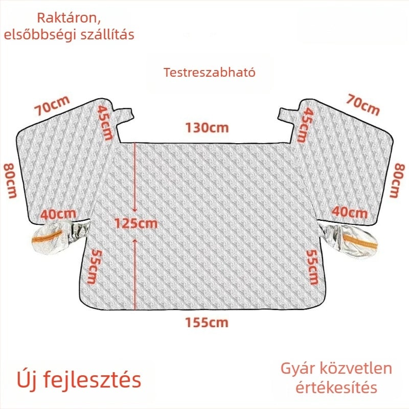 Autó első szélvédőjére tervezett vastagított téli hóvédő, újragondolt változat, alumínium-fólia, szélálló, anti-fagy és anti-hó, teleszkópos rögzítés, univerzális illeszkedés, 700 g