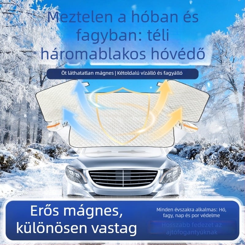 Autó első szélvédőjére tervezett vastagított téli hóvédő, újragondolt változat, alumínium-fólia, szélálló, anti-fagy és anti-hó, teleszkópos rögzítés, univerzális illeszkedés, 700 g