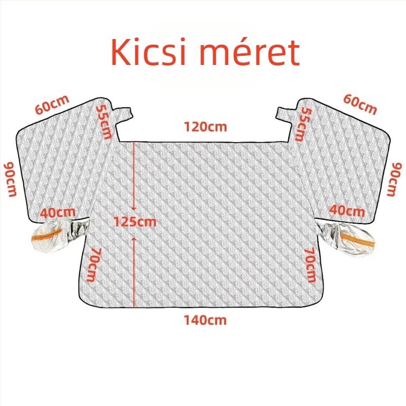 Autó első szélvédőjére tervezett vastagított téli hóvédő, újragondolt változat, alumínium-fólia, szélálló, anti-fagy és anti-hó, teleszkópos rögzítés, univerzális illeszkedés, 700 g