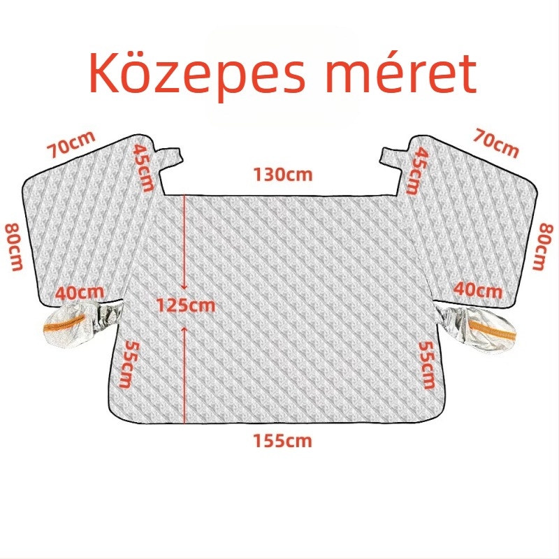 Autó első szélvédőjére tervezett vastagított téli hóvédő, újragondolt változat, alumínium-fólia, szélálló, anti-fagy és anti-hó, teleszkópos rögzítés, univerzális illeszkedés, 700 g