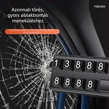 Multifunkcionális biztonsági kalapács ablakbetörővel, világítással és ideiglenes parkolási táblával — Modell T61, műanyag