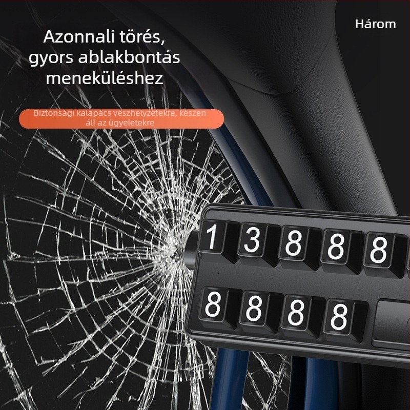 Multifunkcionális biztonsági kalapács ablakbetörővel, világítással és ideiglenes parkolási táblával — Modell T61, műanyag