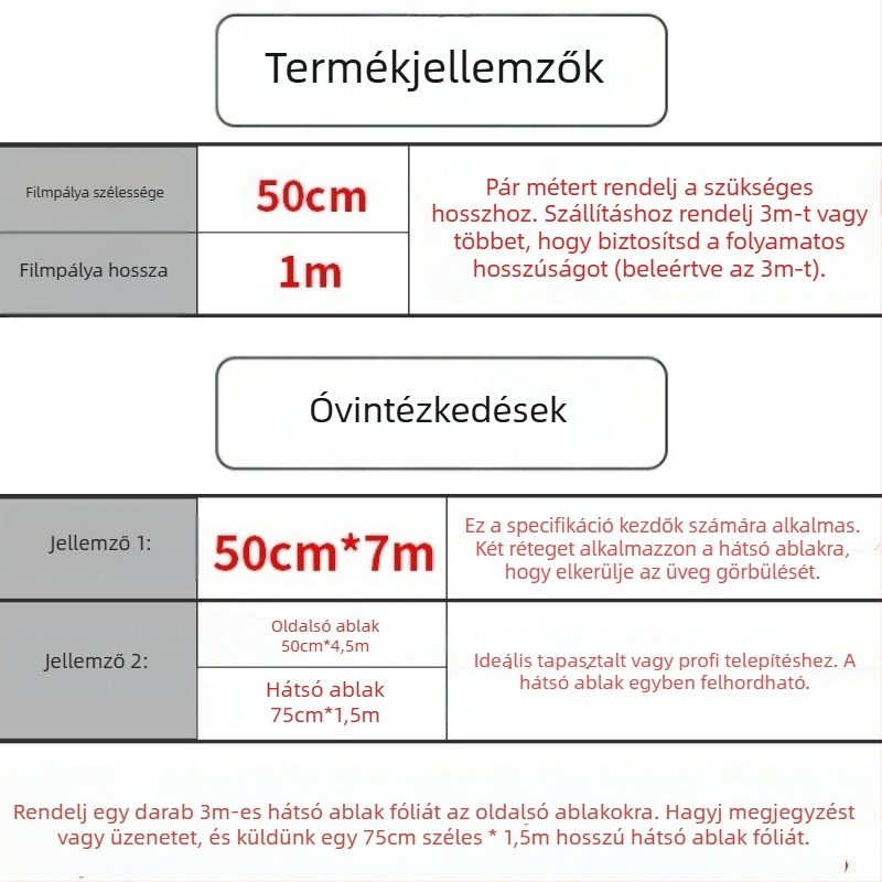Személygépkocsi ablakfilm – öntapadós, nano-kerámia membrán, fényáteresztés 70–80%, UV-védelem 90%+, sorozat 1