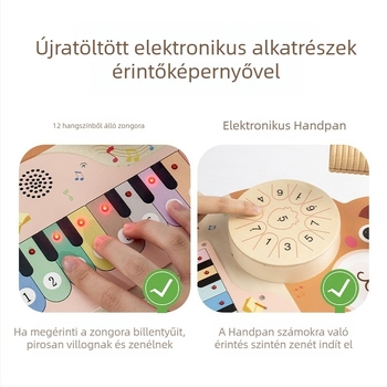 Fából készült öt az egyben multifunkcionális zenei játék eszköz elektromos érintéses zongorával és dobokkal, 4-6 éveseknek