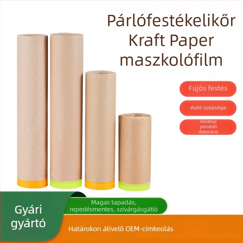 Önmaszkoló papír autófestéshez, kraft- és japán papírból, hidrogél ragasztóval, 6–8s vastagság, 70%-os átlátszatosság.