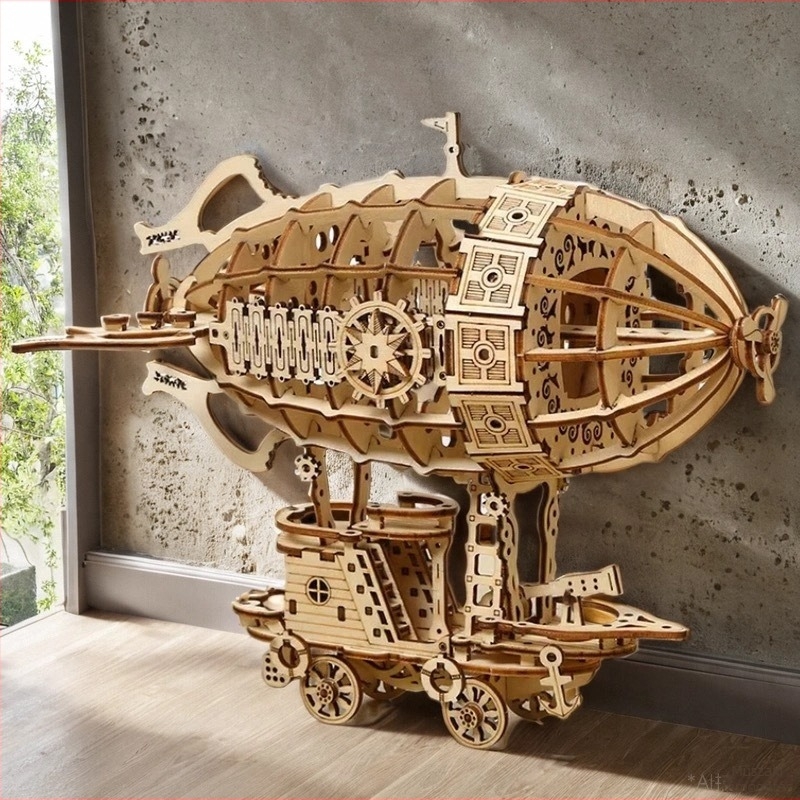 3D fából készült léghajó puzzle — mechanikus átviteli rendszerrel, DIY és testreszabható modell, 14 éves kortól