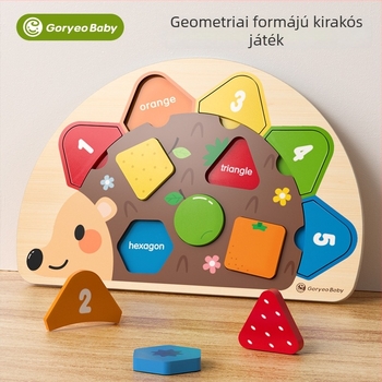 Fából készült sündisznó témájú puzzle‑panel babáknak – korai fejlesztés, geometriai párosítás, síkpanel