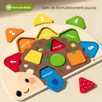 Fából készült sündisznó témájú puzzle‑panel babáknak – korai fejlesztés, geometriai párosítás, síkpanel