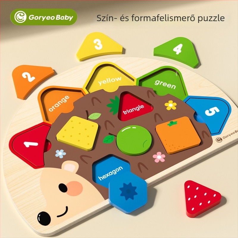 Fából készült sündisznó témájú puzzle‑panel babáknak – korai fejlesztés, geometriai párosítás, síkpanel