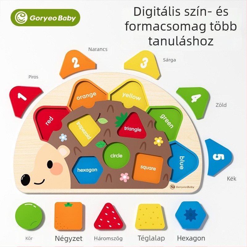Fából készült sündisznó témájú puzzle‑panel babáknak – korai fejlesztés, geometriai párosítás, síkpanel