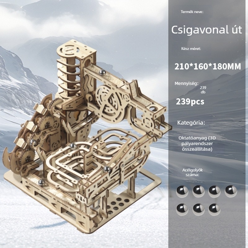 Fa mechanikus 3D puzzle DIY készlet fehér dobozos csomagolással, 7–14 éveseknek