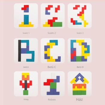 Fa puzzle blokkok a kora oktatásához – sík geometriai blokkok Tetris-stílusban, DIY-barát, 4–6 éveseknek, uniszex