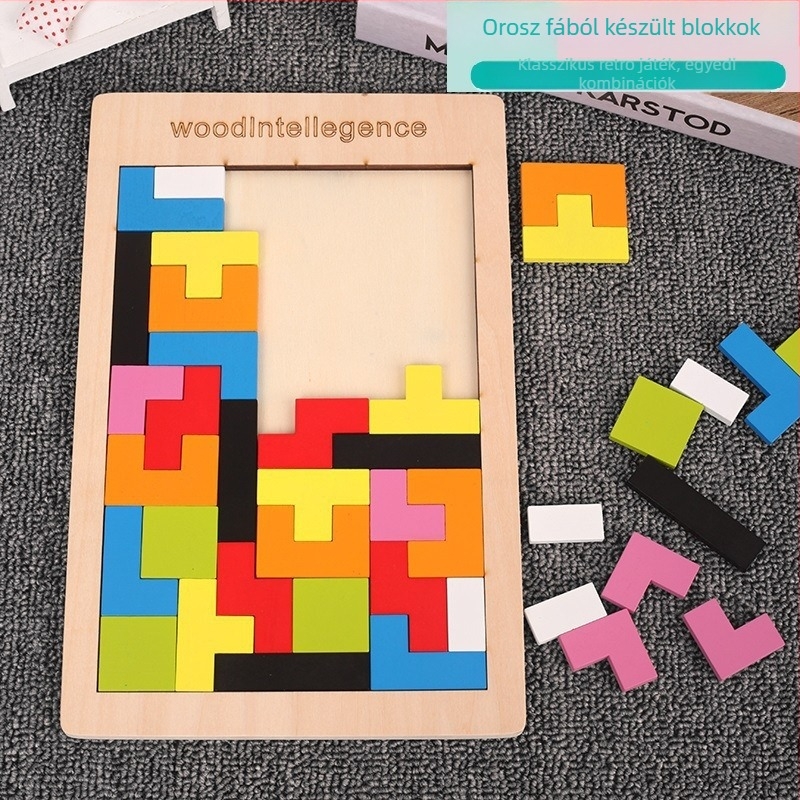 Fa puzzle blokkok a kora oktatásához – sík geometriai blokkok Tetris-stílusban, DIY-barát, 4–6 éveseknek, uniszex