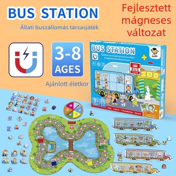 Lapos puzzle asztali játék gyerekeknek – Állatos buszmegálló témával, korai matematika: összeadás–kivonás, anyag: papír, 4–6 éveseknek