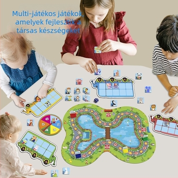 Lapos puzzle asztali játék gyerekeknek – Állatos buszmegálló témával, korai matematika: összeadás–kivonás, anyag: papír, 4–6 éveseknek