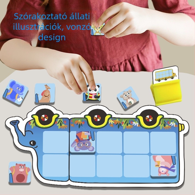 Lapos puzzle asztali játék gyerekeknek – Állatos buszmegálló témával, korai matematika: összeadás–kivonás, anyag: papír, 4–6 éveseknek