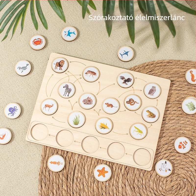 Fából készült háromdimenziós puzzle — Montessori-alapú oktató játék az állati táplálékláncról 4–6 éveseknek