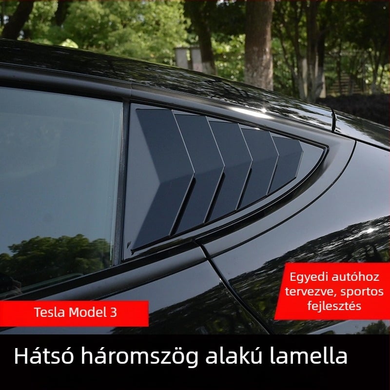Autómatrica Tesla Model 3/Y-hoz — szénszálas textúrájú hátsó háromszög ablak dekoráció, vákuumos felhelyezés, szöveges mintázat