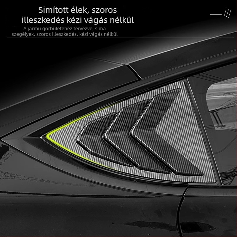 Autómatrica Tesla Model 3/Y-hoz — szénszálas textúrájú hátsó háromszög ablak dekoráció, vákuumos felhelyezés, szöveges mintázat