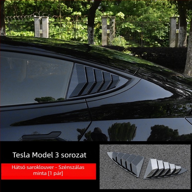 Autómatrica Tesla Model 3/Y-hoz — szénszálas textúrájú hátsó háromszög ablak dekoráció, vákuumos felhelyezés, szöveges mintázat
