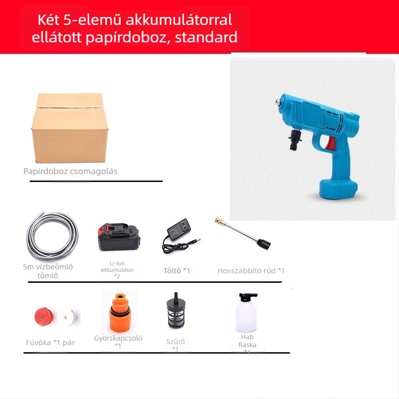 Hordozható vezeték nélküli lítiumakkumulátoros autómosó pisztoly, magasnyomású pumpa — 21 V, 3 MPa, 3 L/min, 5 m tömlő