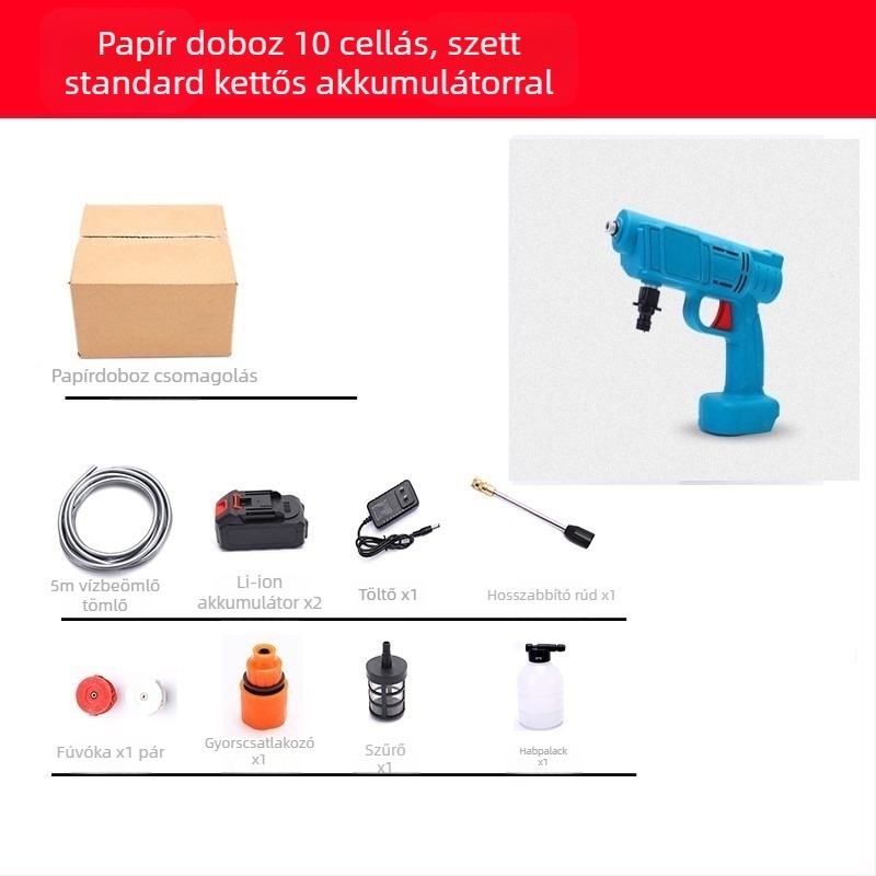 Hordozható vezeték nélküli lítiumakkumulátoros autómosó pisztoly, magasnyomású pumpa — 21 V, 3 MPa, 3 L/min, 5 m tömlő