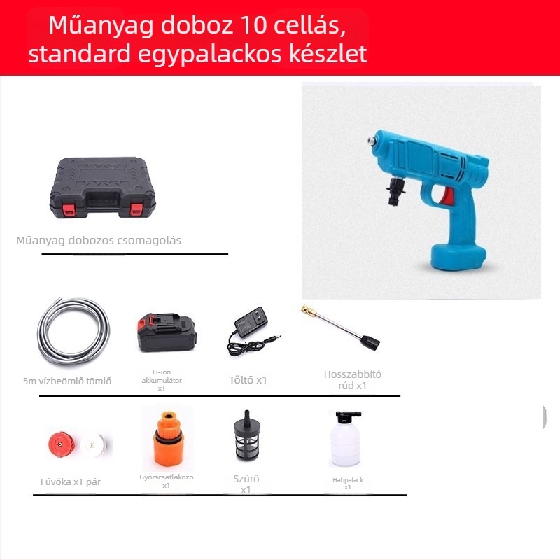 Hordozható vezeték nélküli lítiumakkumulátoros autómosó pisztoly, magasnyomású pumpa — 21 V, 3 MPa, 3 L/min, 5 m tömlő