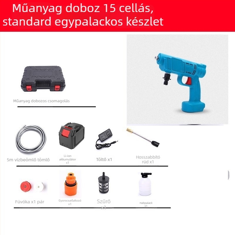 Hordozható vezeték nélküli lítiumakkumulátoros autómosó pisztoly, magasnyomású pumpa — 21 V, 3 MPa, 3 L/min, 5 m tömlő