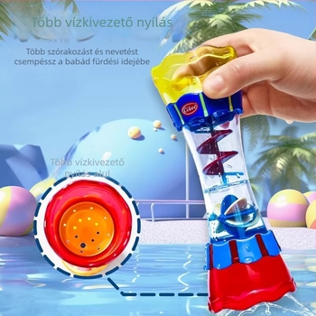 Gyerekek fürdőjátékai: vízkupa forgó merőkanállal, vízáramlás megfigyelő pohár és zuhanyzó spriccelő