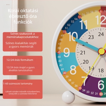 Oktató ébresztőóra gyerekeknek, elemmel működő, fém burkolat, edzett üveg számlap, univerzális stílus