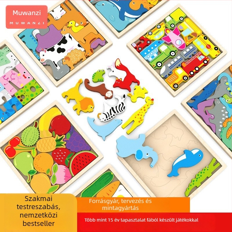Fából készült 3D puzzle építőelemek gyerekeknek, logó testreszabás, licencelt magáncímke, 4-6 éveseknek